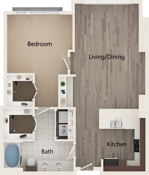 Floor plan for 1 bed, 1 bath, 894 sqft